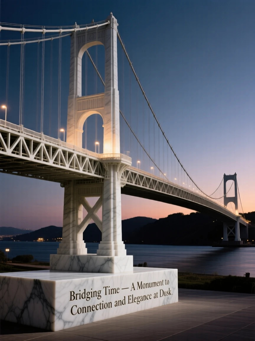 A striking, atmospheric depiction of a suspension bridge glowing at dusk, showcasing timeless elegance and grandeur