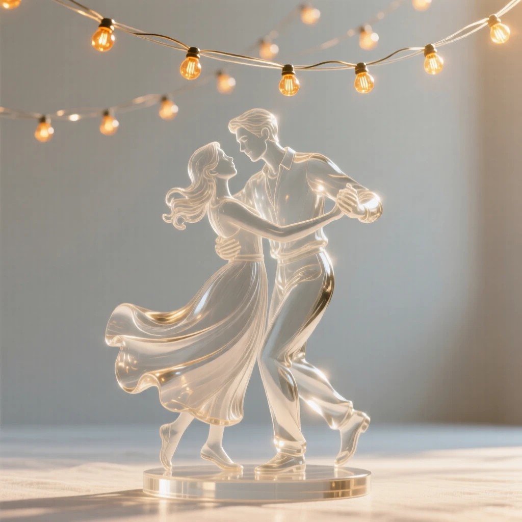 A couple dancing under string lights captured in a candid, unposed moment, golden hour light wrapping around the figure, feeling authentic and moving.