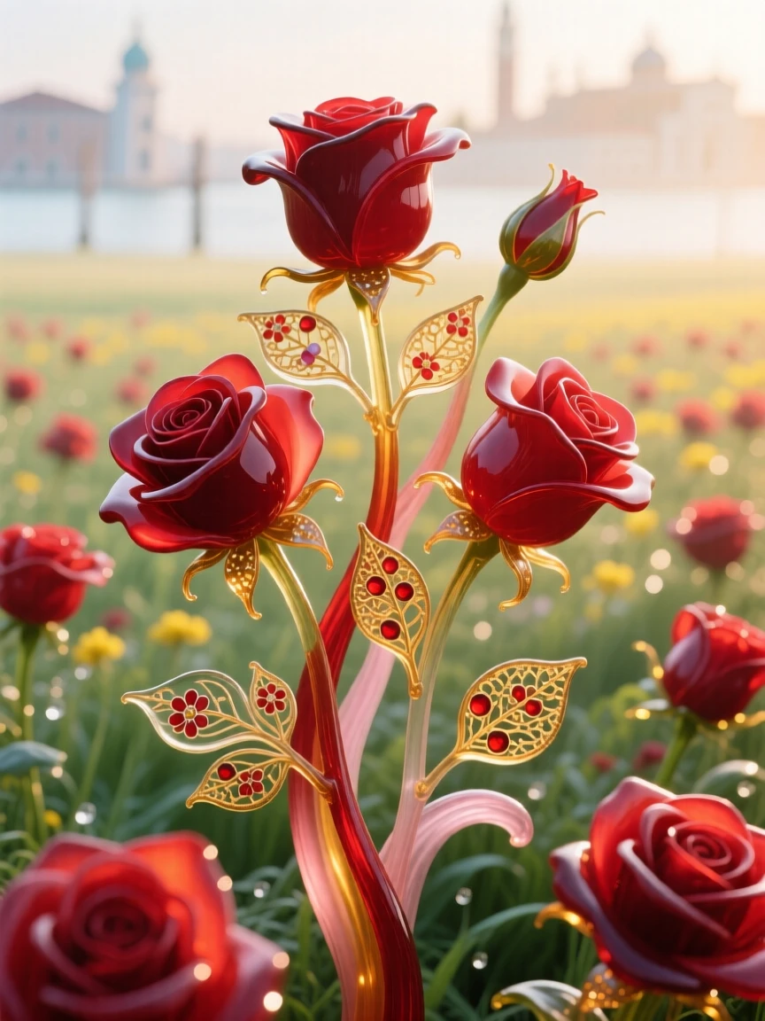 A field of red roses in full bloom under soft morning light, romantic and timeless.