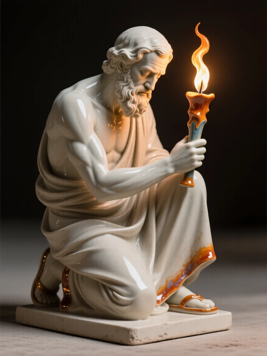 A Greek philosopher deep in thought kneeling in reverent tribute, lit by flickering torchlight, conveying quiet authority and enduring legacy.