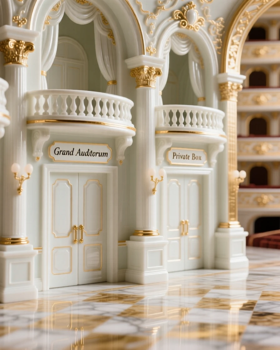 The ornate interior of an ornate opera house, polished floors reflecting golden light.
