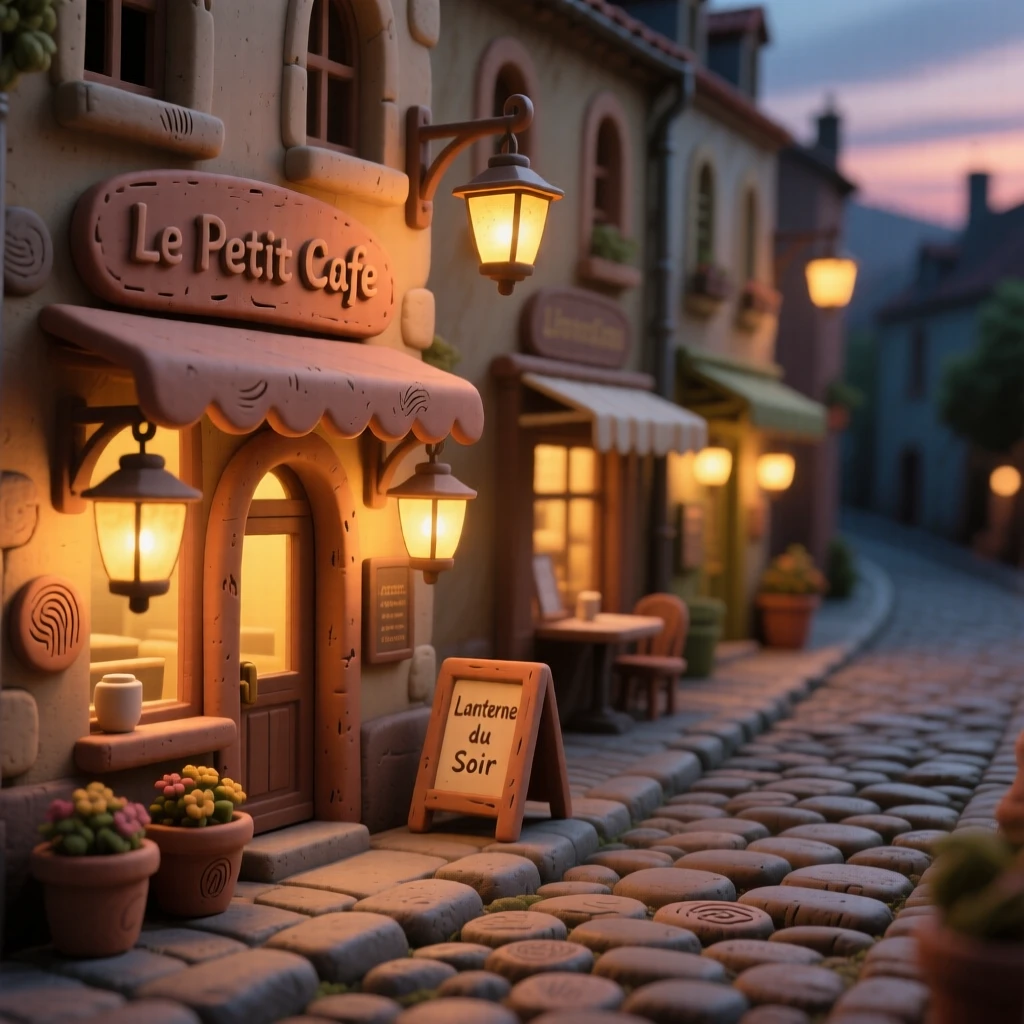 A cobblestone street lined with lantern-lit cafés at twilight