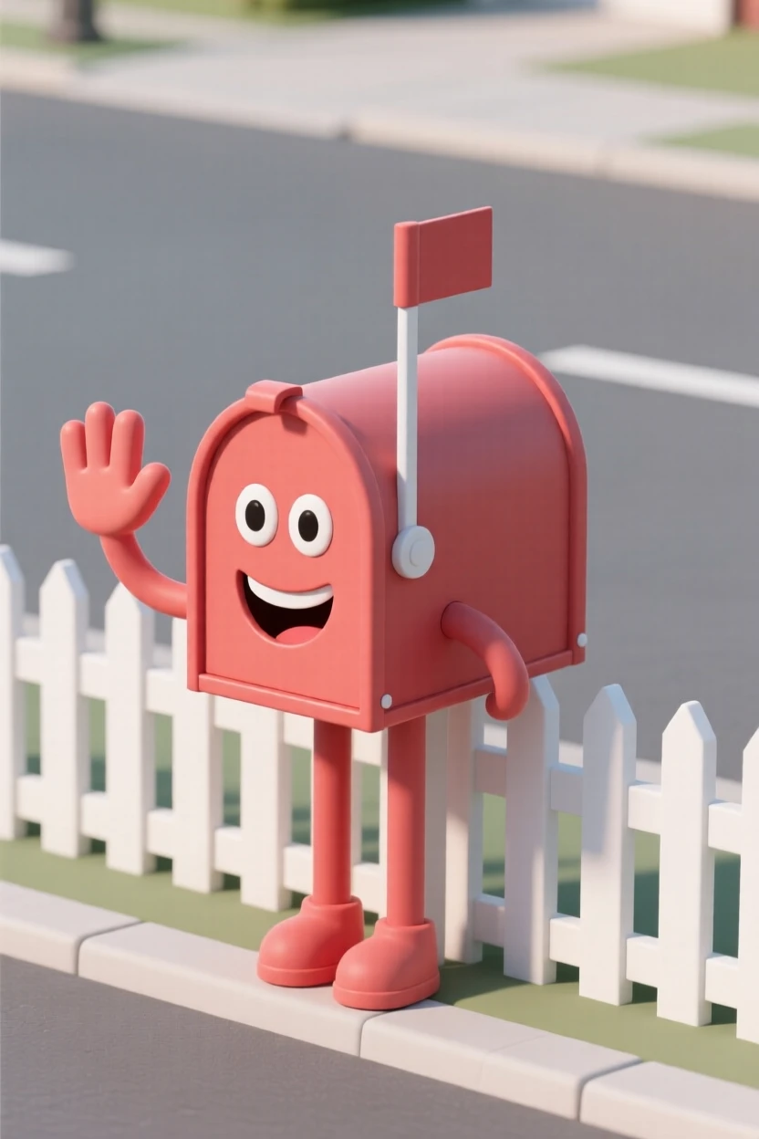 A cheerful mailbox character with a flag-arm wave grins beside a picket fence on a quiet suburban street.