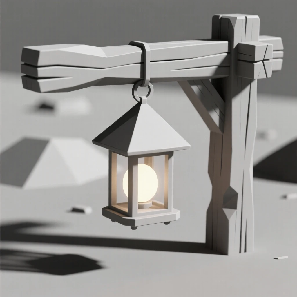 A glowing lantern hanging from a rustic beam, surrounded by soft shadows. muted tones give the scene a timeless quality. There is a calm, contemplative stillness.