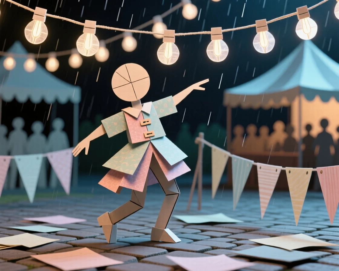 A street performer dancing beneath string lights at an evening festival, with gentle rain misting the air, capturing carefree, memorable joy.