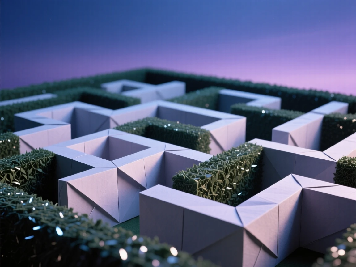 A hidden garden maze with hedges that shimmer faintly under a twilight sky.