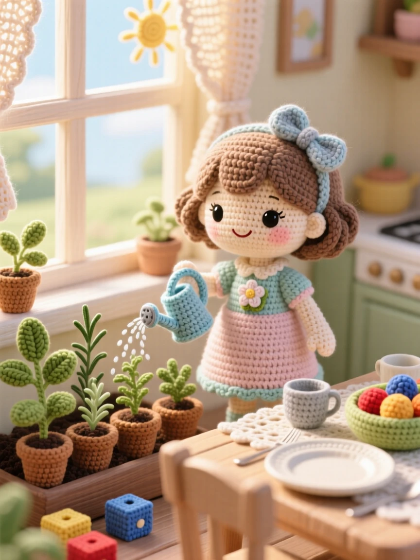 a little girl watering a small herb garden, on a sunny kitchen windowsill, is shown misting the leaves with a small spray bottle within a homely dining room set for a family meal beside a scattering of colorful toy blocks, capturing a peaceful sense of home and belonging.