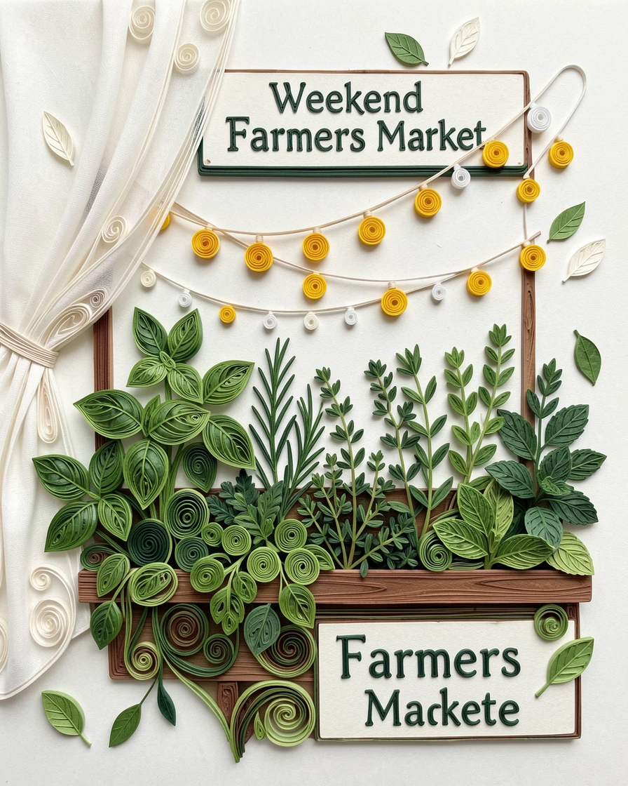 a rooftop garden filled with herbs and string lights, at an outdoor weekend farmers market, composed with a fresh, airy, minimalist aesthetic, with a light breeze catching loose fabric or leaves.