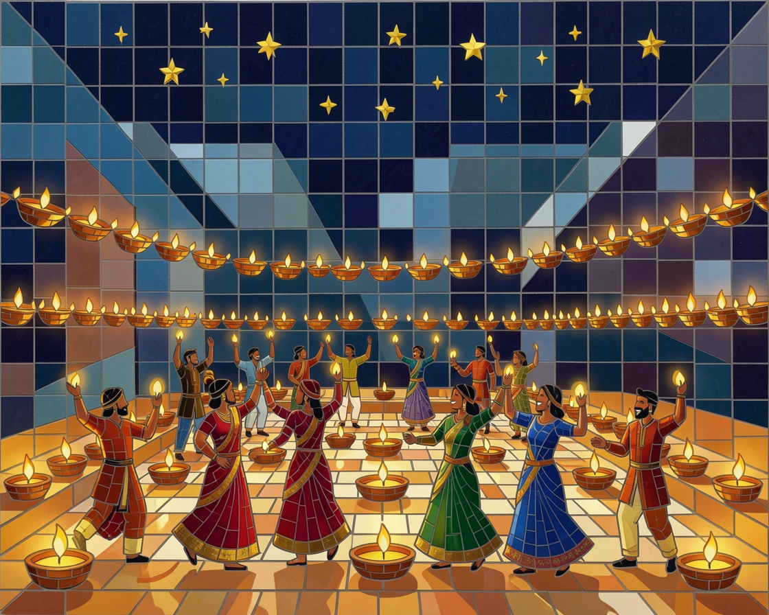 A vibrant diwali celebration with glowing oil lamps lining a courtyard, filled with warm light, motion, and joyful energy.