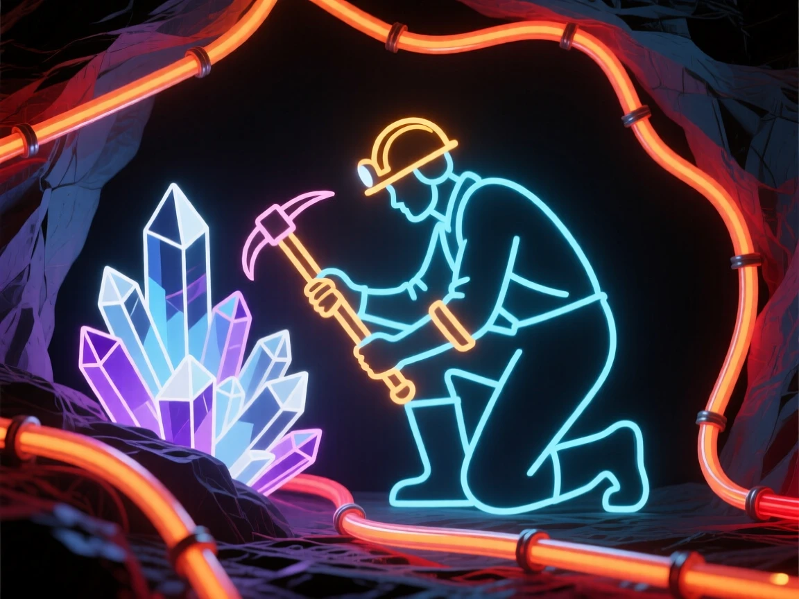 A miner examining a vein of crystal deep inside a cave.