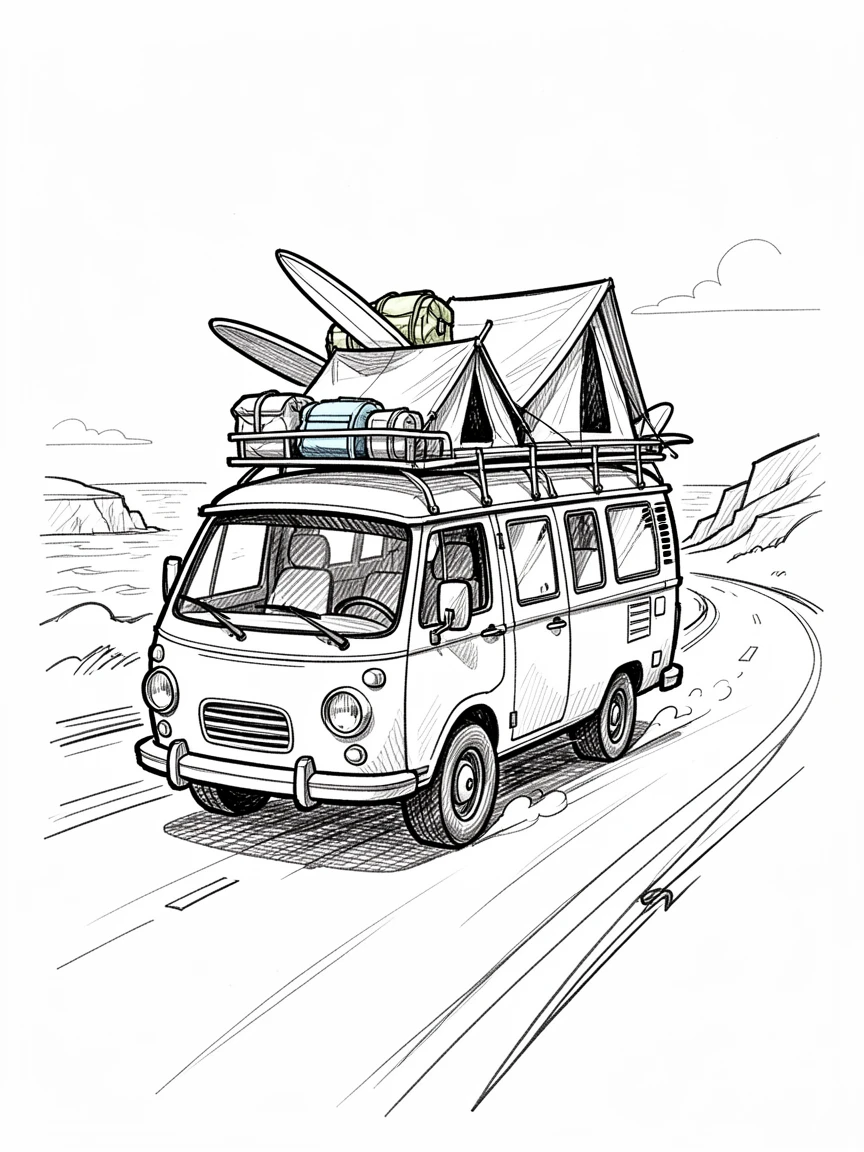 A camper van packed for a road trip driving along a coastal highway.