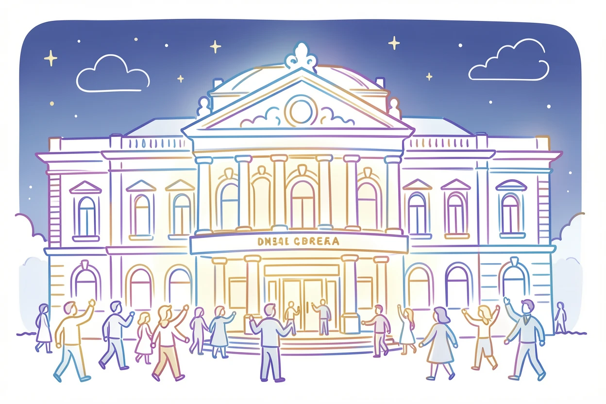A grand opera house facade illuminated at night with people arriving.