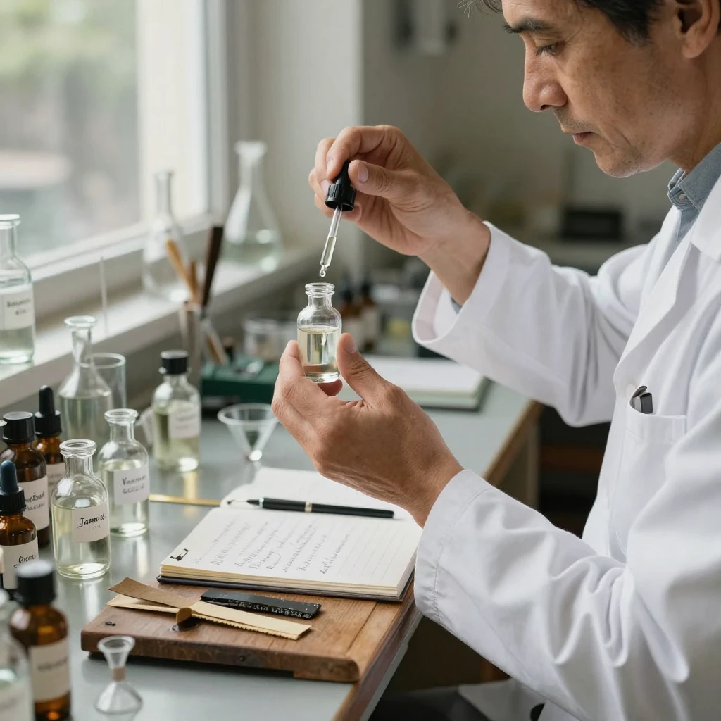 A perfumer blending scents in a small glass laboratory