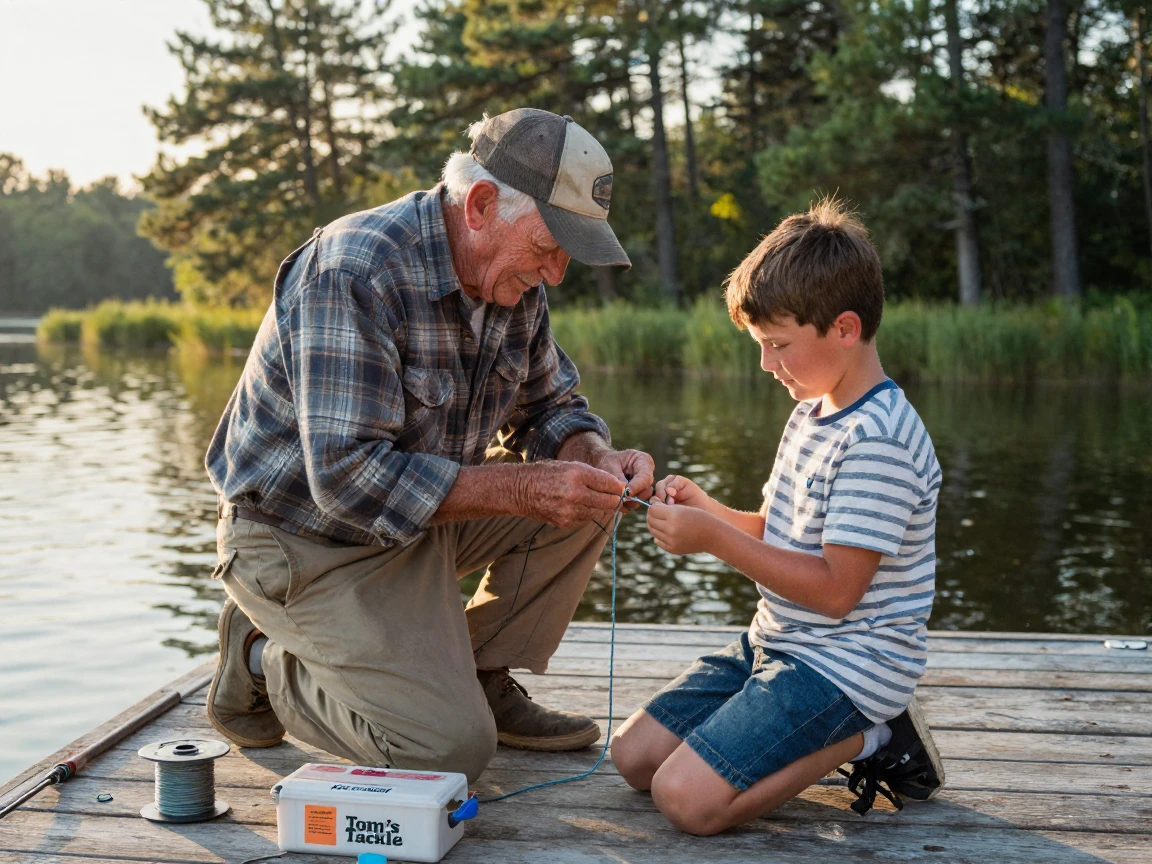 An old fisherman teaches a young boy to tie a proper knot on a dock.