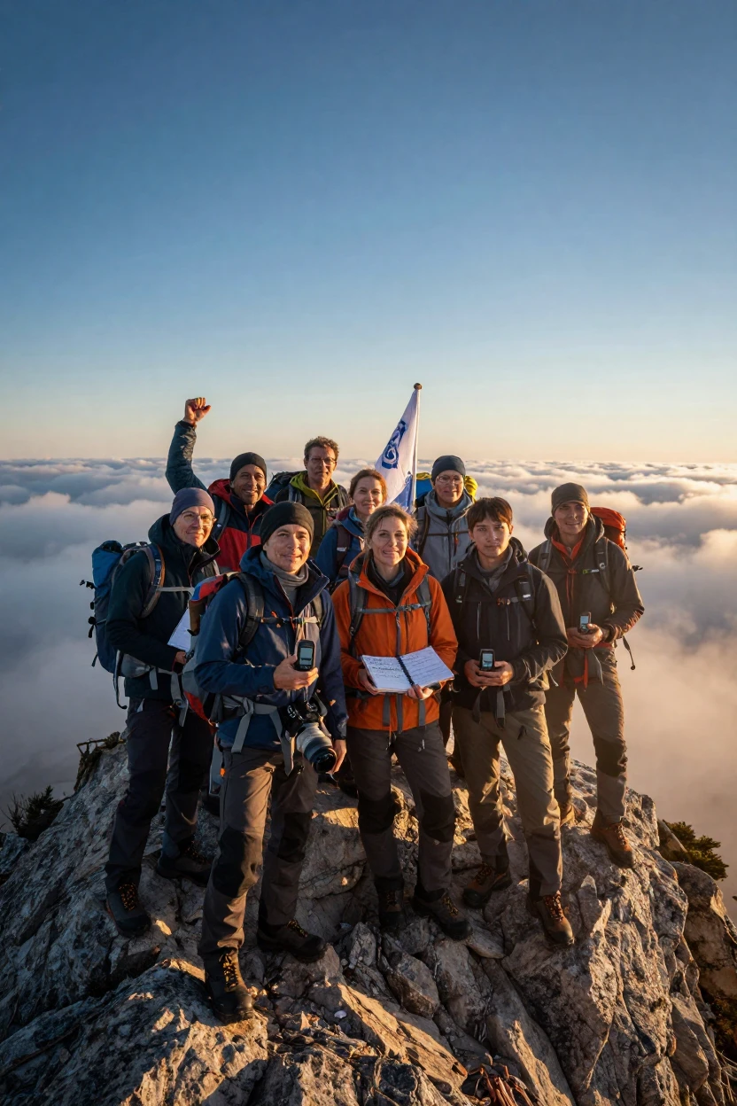 A team of researchers standing triumphant at a hard-won summit above a sea of rolling clouds