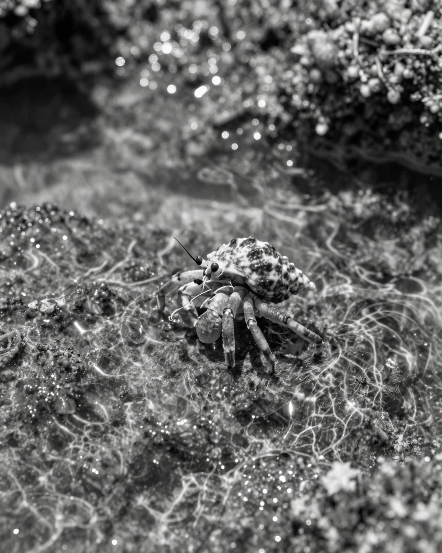 A hermit crab scuttles across a sunlit tide pool within a shallow coastal pool.