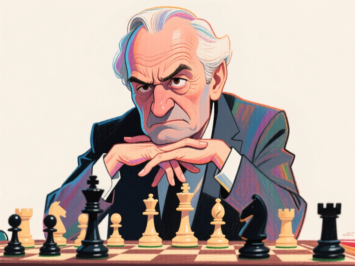 A chess grandmaster deep in thought, chin resting on steepled fingers over the board.
