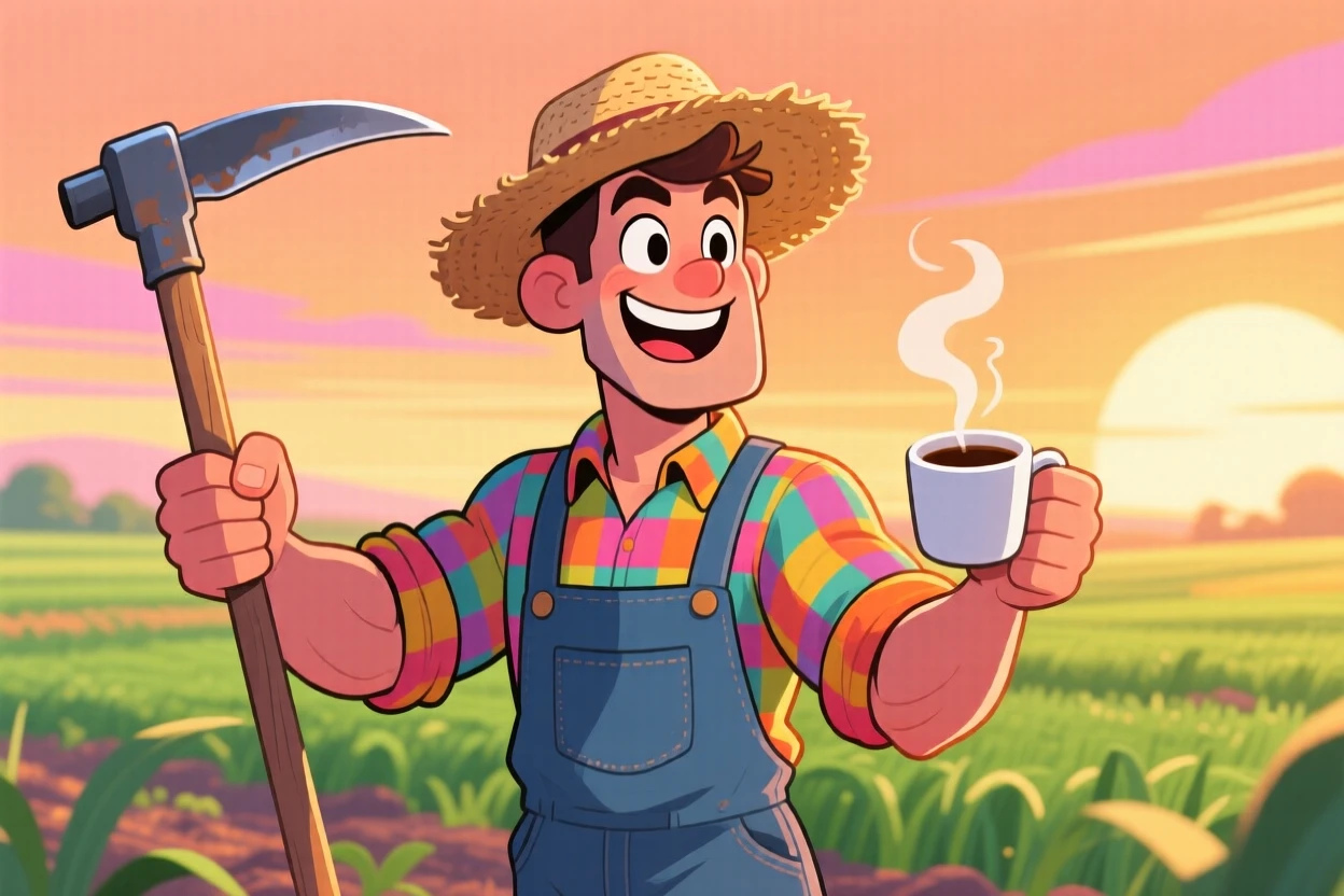 A vibrant profession-themed portrait of a hardworking farmer mid-task with sleeves rolled up and tools in hand, at the crack of dawn with coffee in hand.
