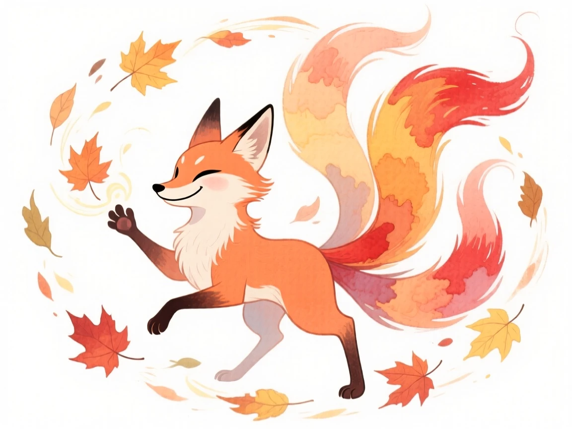 A mythical kitsune commanding a swirl of autumn leaves like magic
