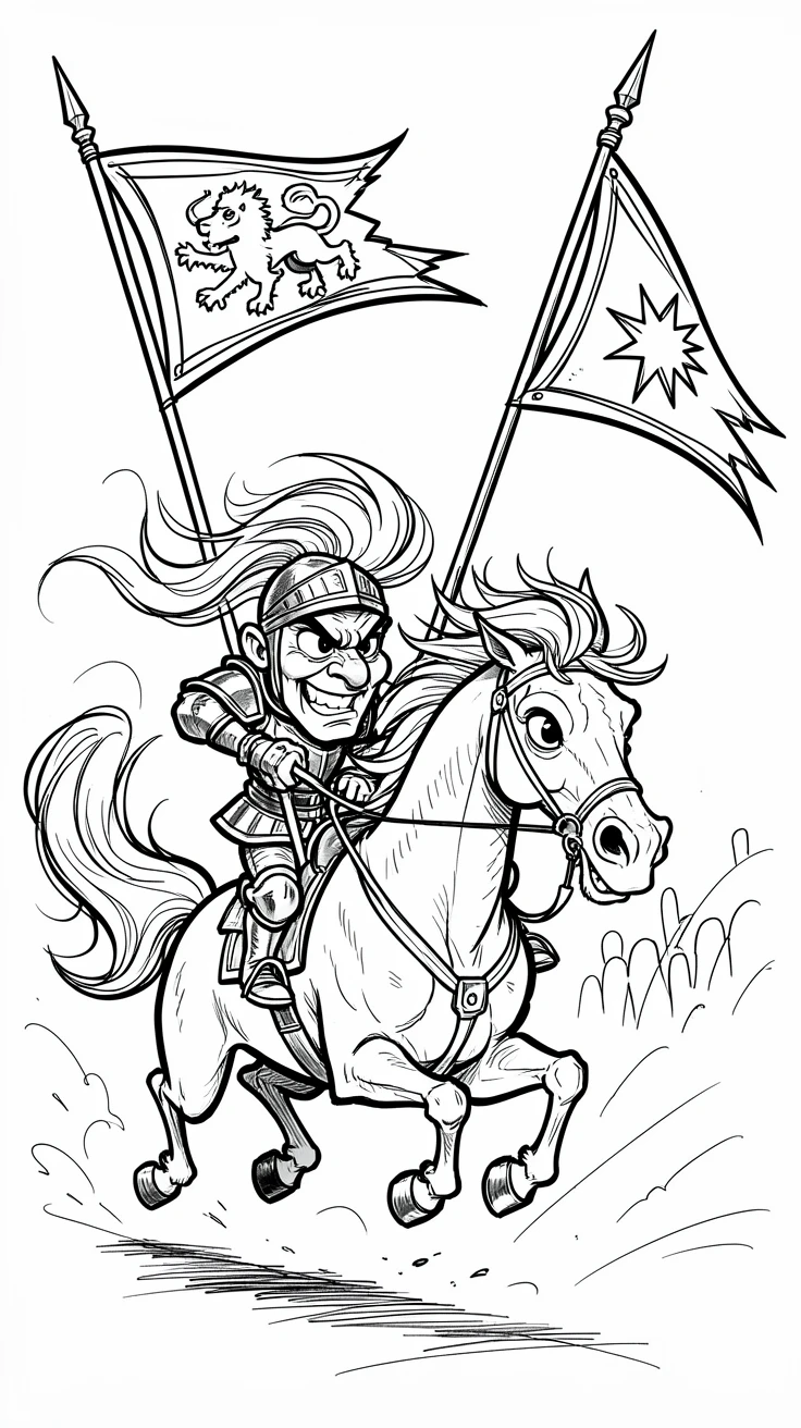 [Fantasy & Imaginative Scenarios] Imaginative fantasy scene of a knight and his loyal steed charging into a joust with flags waving, brimming with wonder