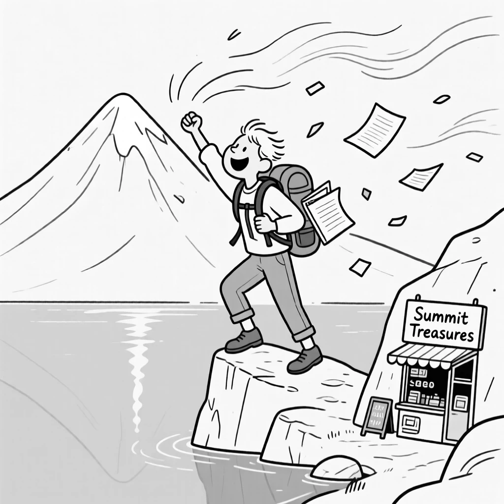 A backpacker triumphantly reaching a mountain summit, fighting a losing battle against the wind and paper, set floating on a calm, glassy lake. A tiny souvenir shop peeks around the corner. It's a joyful tribute to the thrill of travel and discovery.