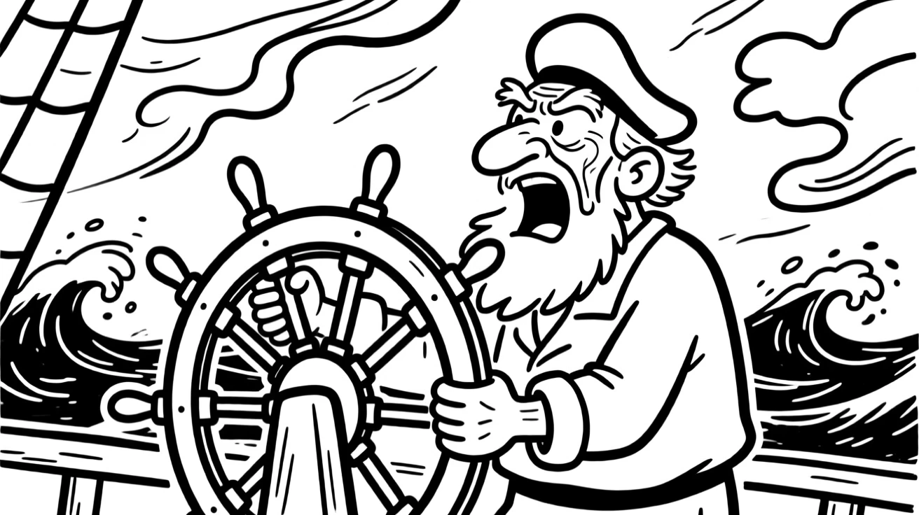 An old sea captain steering a ship's wheel through a dramatic storm.