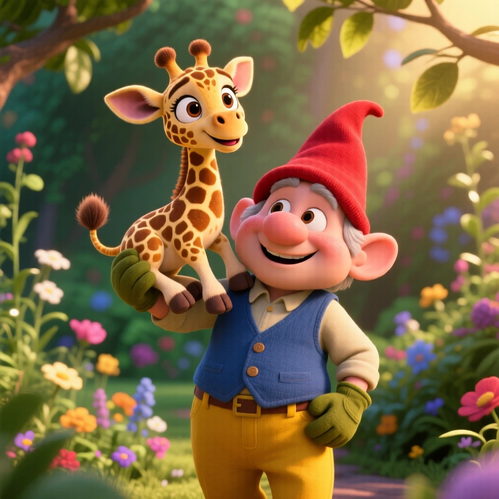 A spotted baby giraffe is perched on a garden gnome's shoulder, rolling gently onto its back. The mood is soft, tender, and endearing, with soft shadows framing the scene.