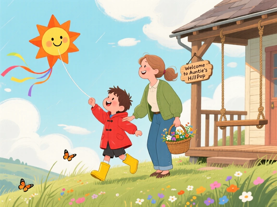 With her favorite aunt close by, a boy in rain boots is flying a kite on a breezy hilltop, while the porch swing creaks gently.