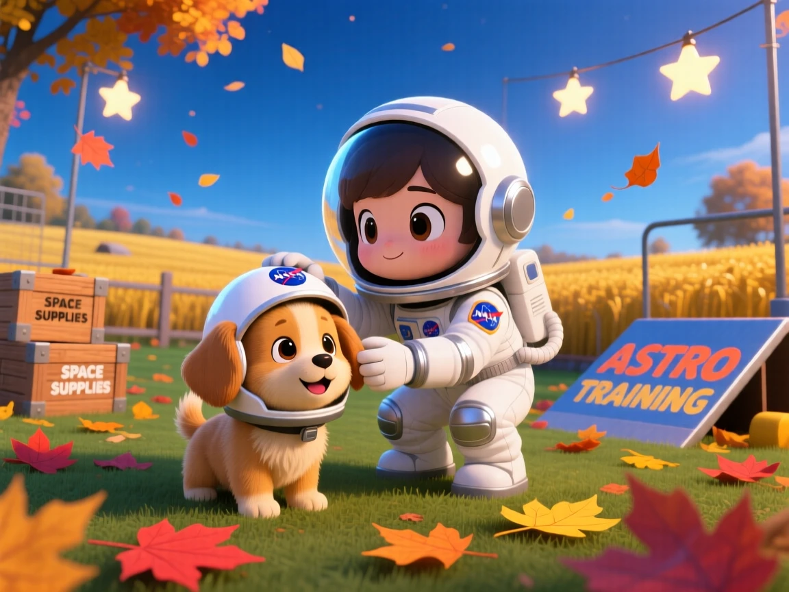 A small astronaut trainer teaching a puppy to wear a tiny helmet, framed as a worm's-eye view within a playful training yard, during golden autumn harvest season, glowing under cool blue twilight glow, evoking brave confidence.