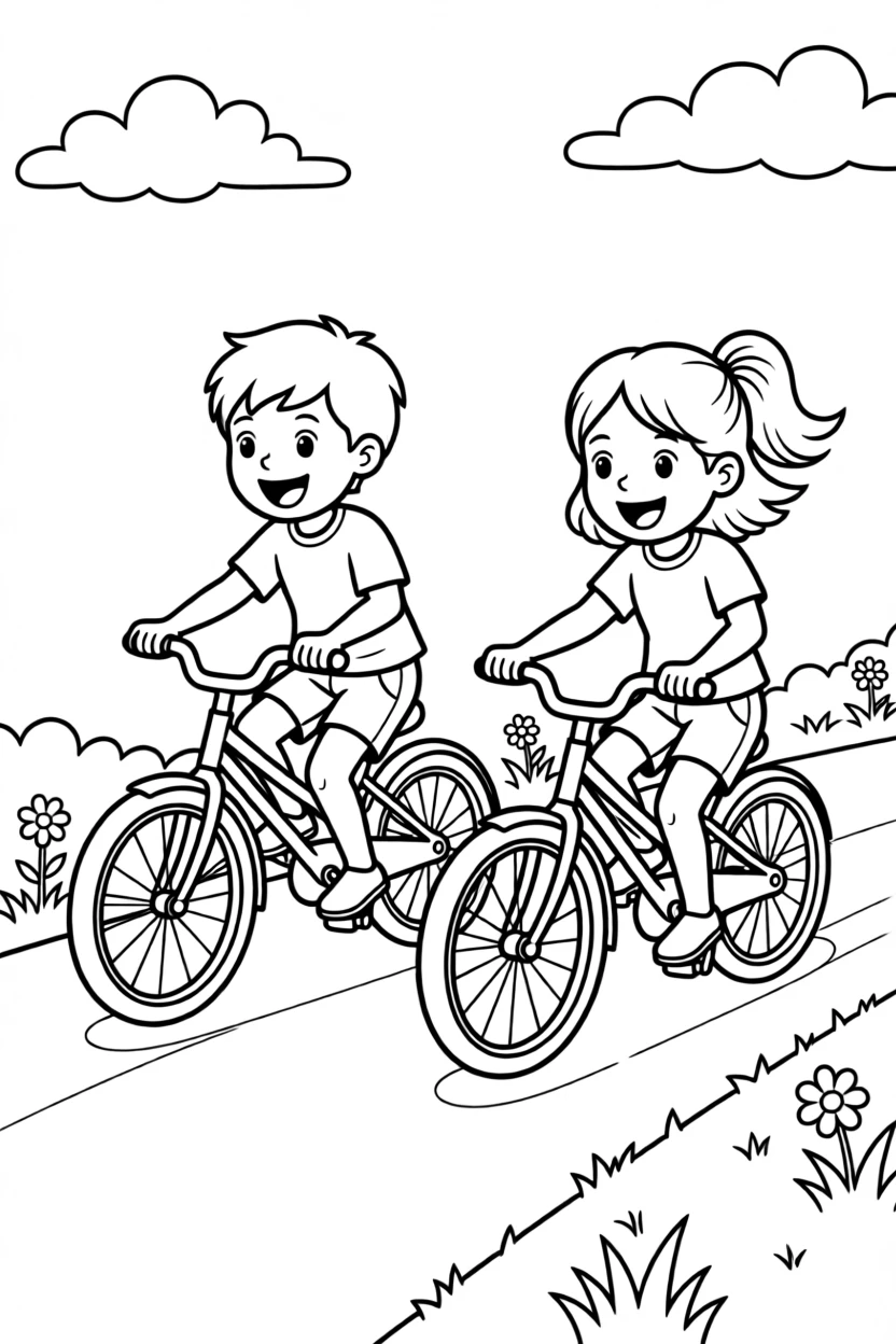Siblings racing each other on bicycles down a sidewalk