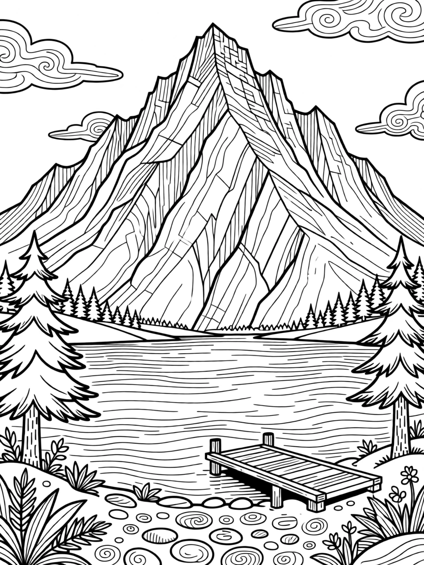 A towering peak above a quiet alpine lake.