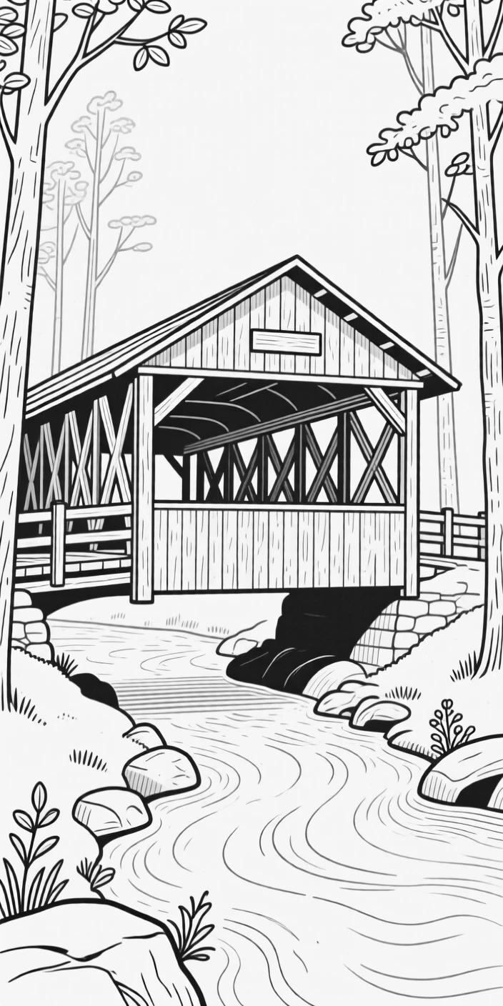 A wooden covered bridge crossing a forest stream
