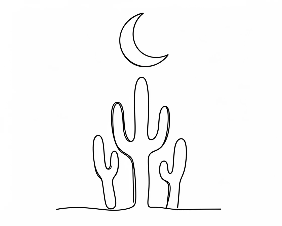 A crescent moon hanging low above a silhouette of desert cacti