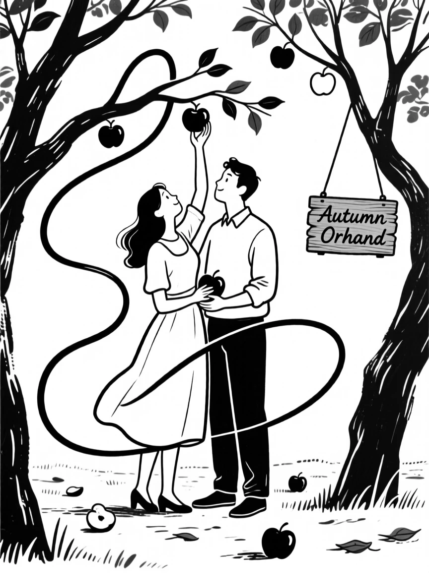 A couple picking apples together in an orchard in autumn.