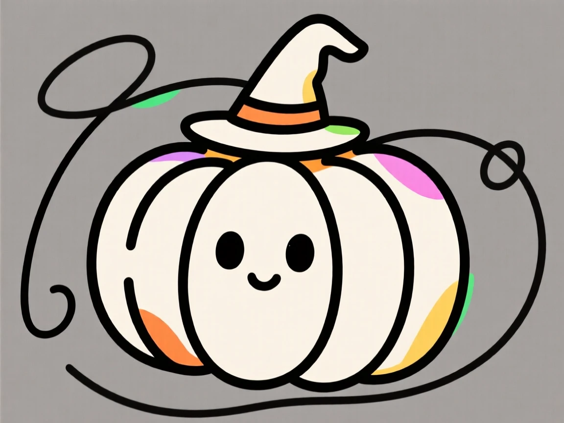 A round cartoon pumpkin character wearing a tiny witch hat.