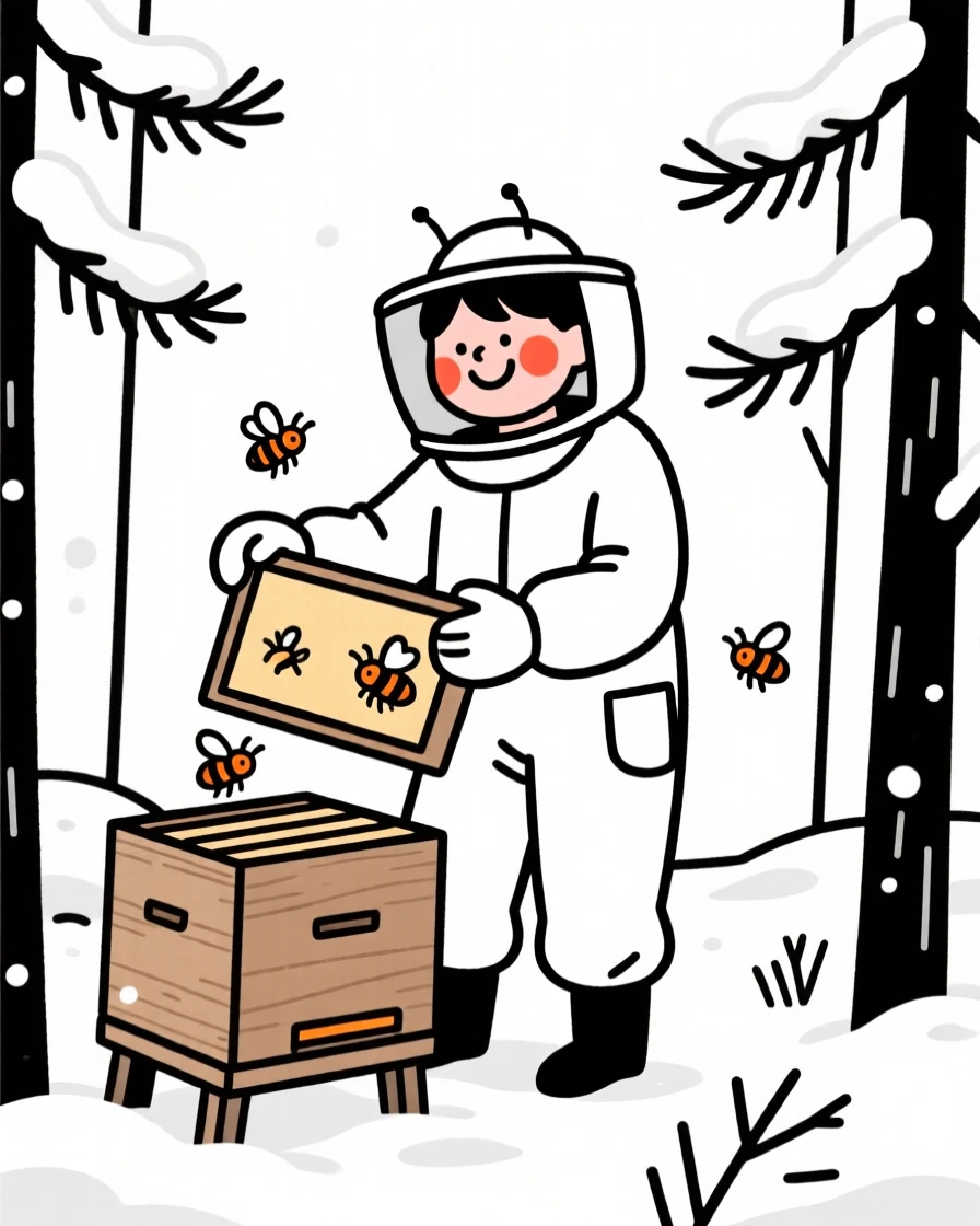 A beekeeper checking a hive, laughing joyfully, in a snow-covered pine forest.