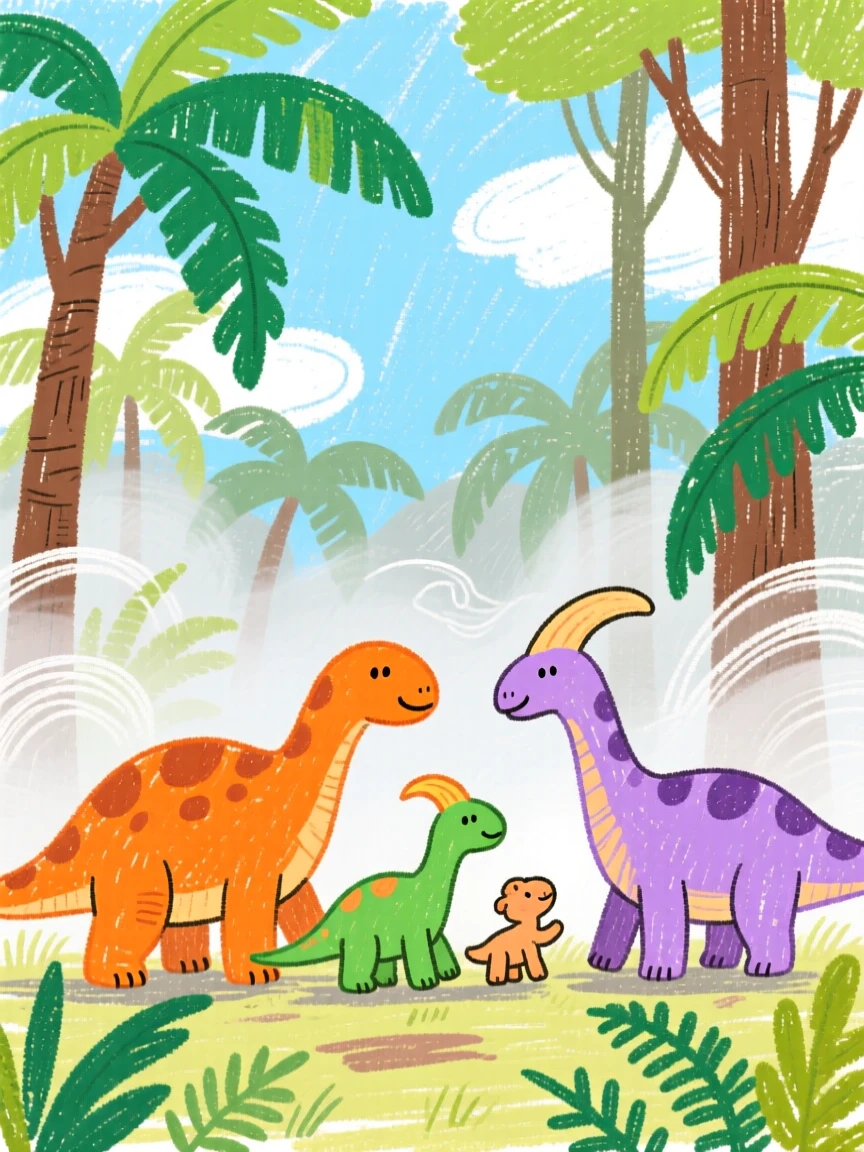 A Parasaurolophus herd wandering through a misty prehistoric jungle.
