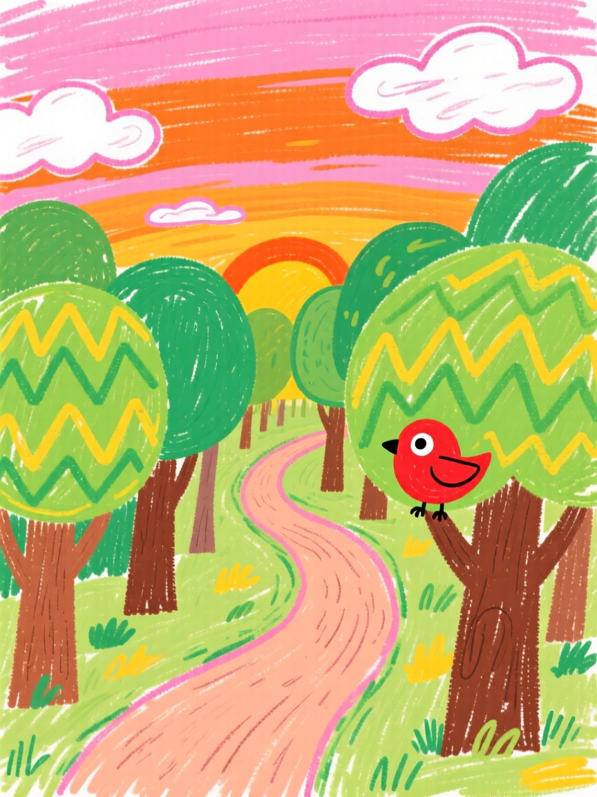 A winding forest trail beneath a sky painted orange and pink at sunset.
