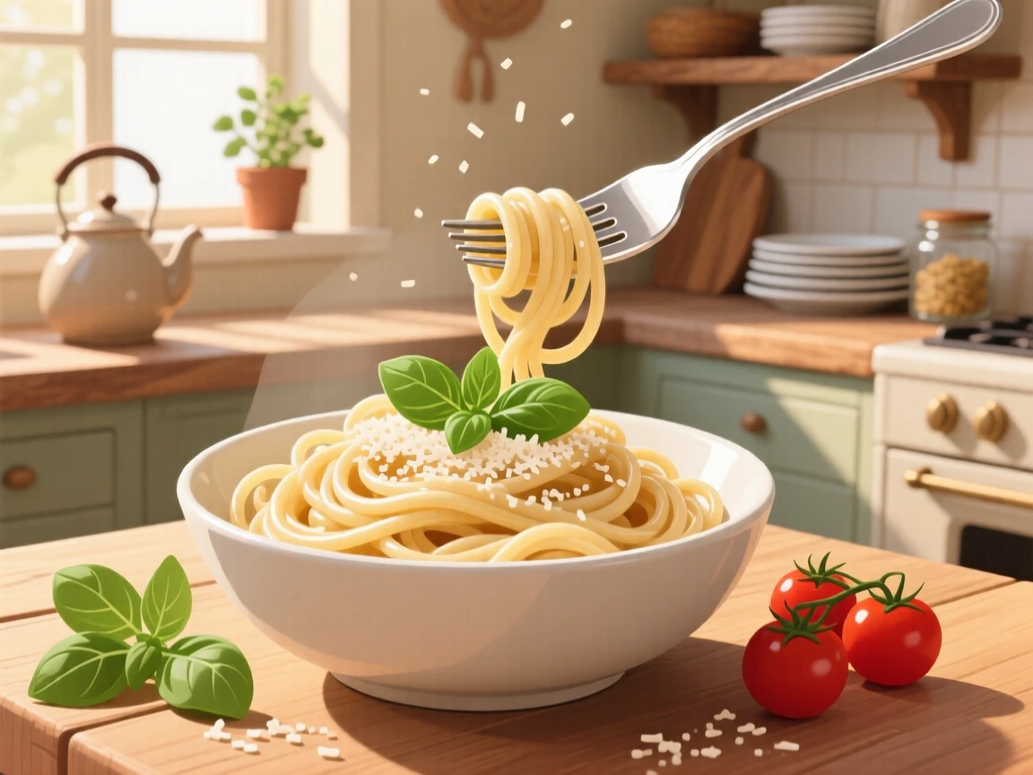 A bowl of creamy pasta twirled elegantly on a fork, set within a cozy sunlit kitchen, arranged with garnishes placed for visual balance, with a joyful, celebratory feel.