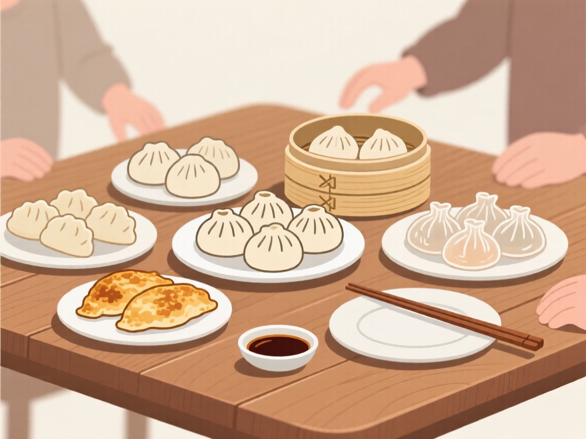 An assortment of dumplings beautifully displayed on a wooden table at a family gathering.