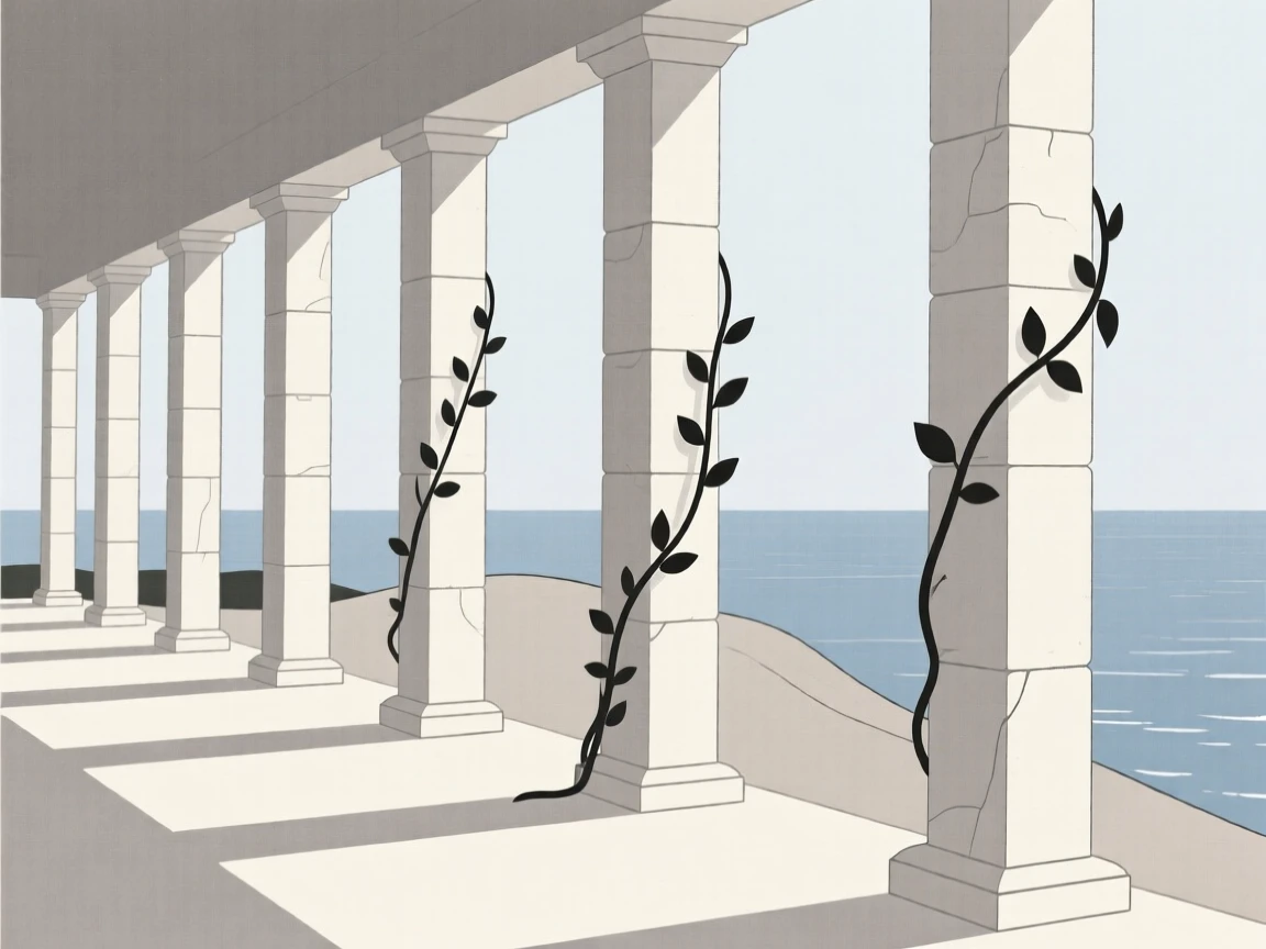 A quiet corner of a colonnade of stone pillars within a hilltop overlooking the sea, featuring climbing ivy, full of architectural harmony.