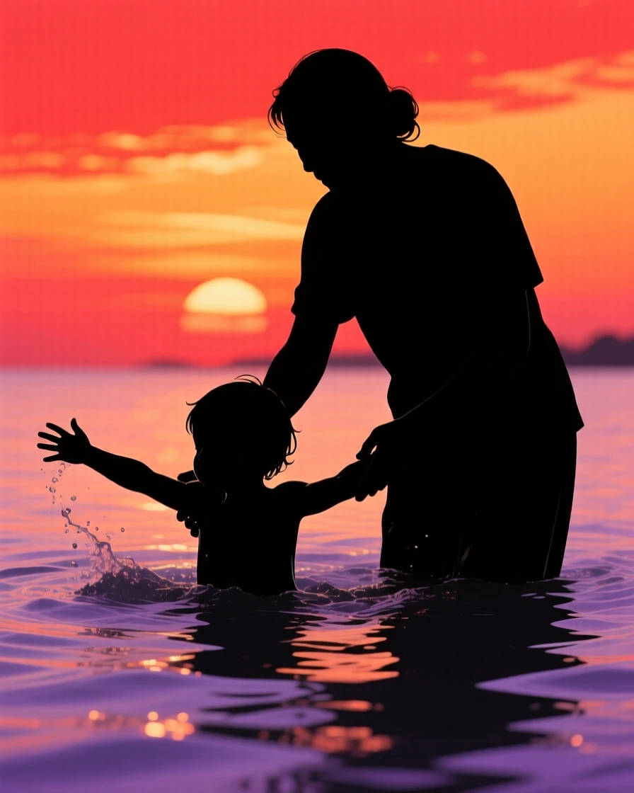 A child learning to swim, arms flailing as a parent holds them steady.