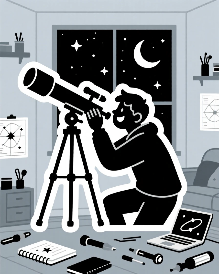 A focused and joyful astronomer looking through a telescope at night, with tools and supplies scattered nearby, in a peaceful home corner dedicated to their craft.
