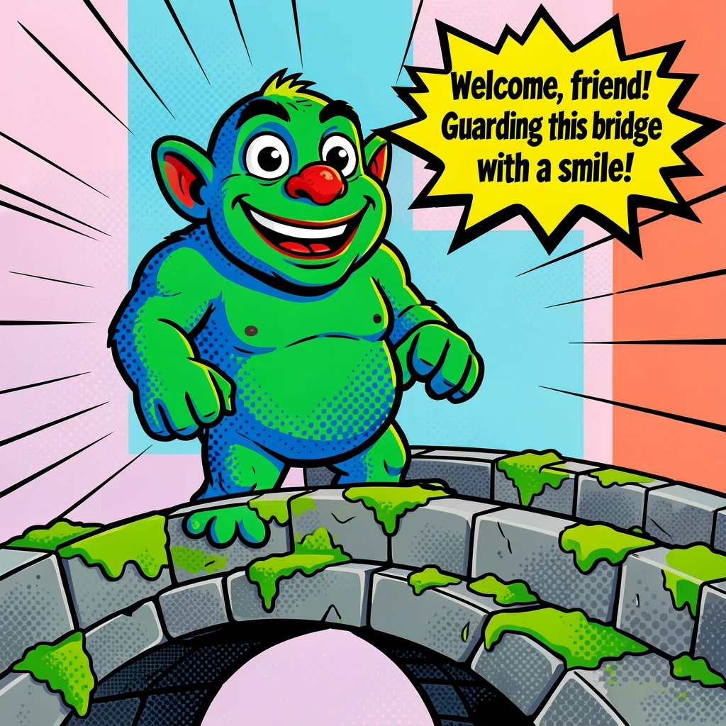 A friendly troll guarding a mossy stone bridge