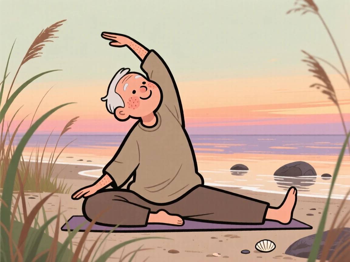 A elderly man practices gentle yoga stretches on a quiet beach at low tide at dusk, breathing slowly as rustling grass surrounds them.