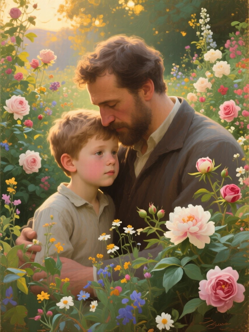 An intimate close-up of a father and his son in a fragrant flower garden, filled with tender affection, in late afternoon.