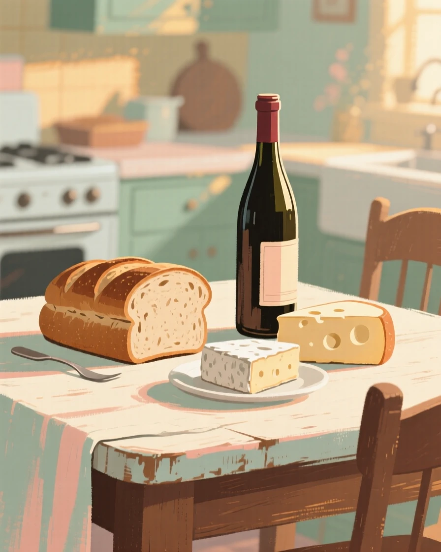 A rustic kitchen table set with bread, cheese, and a bottle of wine
