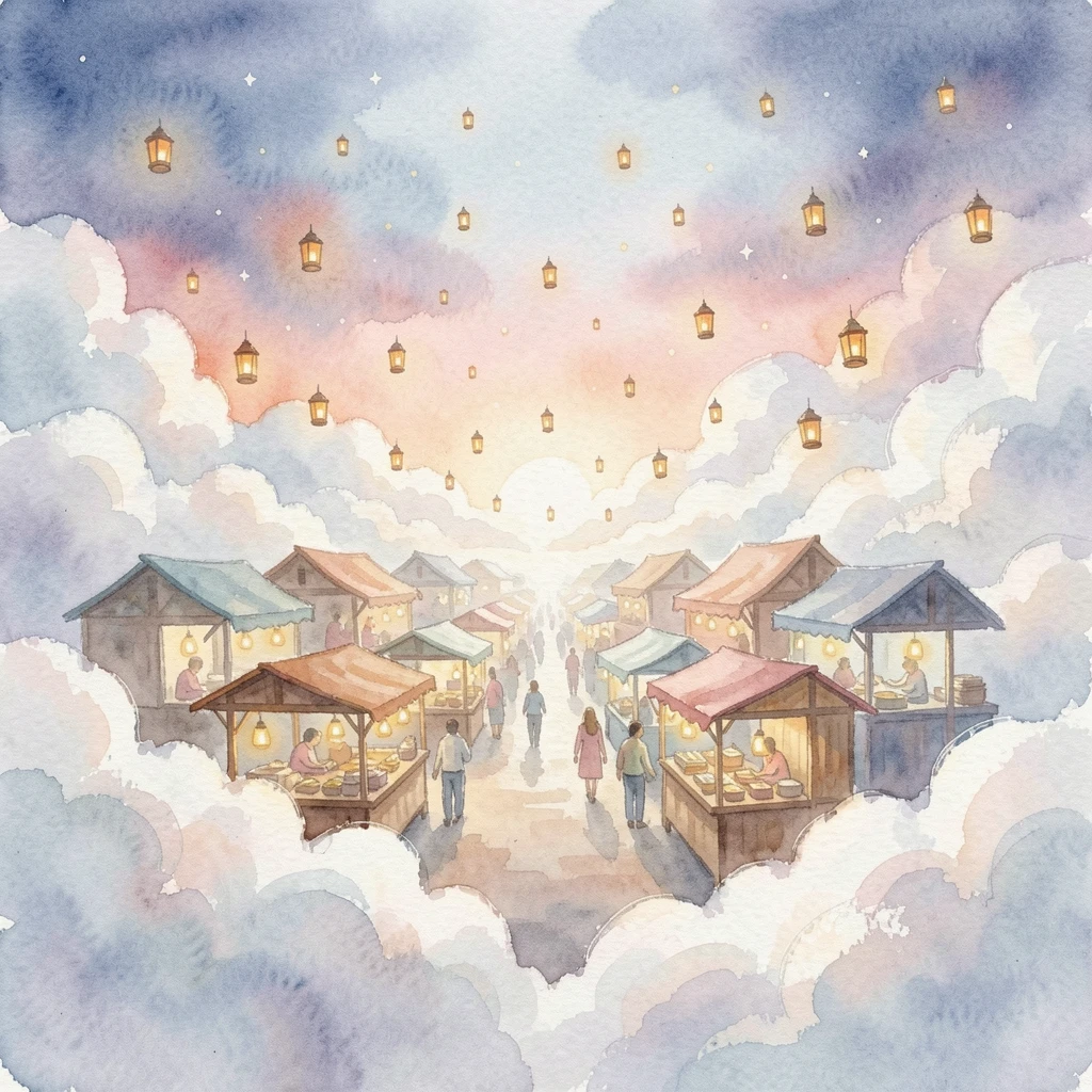 A magical marketplace floating on clouds with tiny lanterns floating like stars.