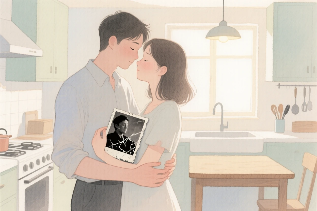 A tender moment of a slow dance in a quiet kitchen, with an old photograph tucked between them, capturing quiet affection between two people