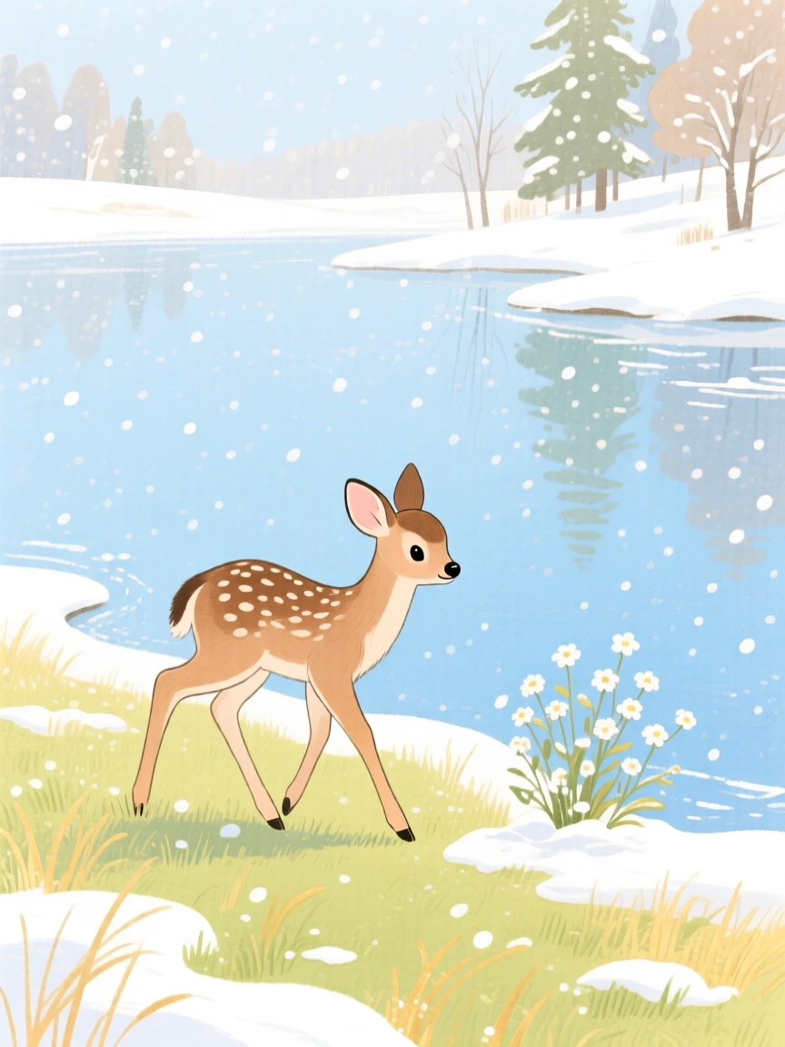 A fawn stepping into a meadow for the first time discovering something new in the edge of a sparkling lake in the first snow of winter.